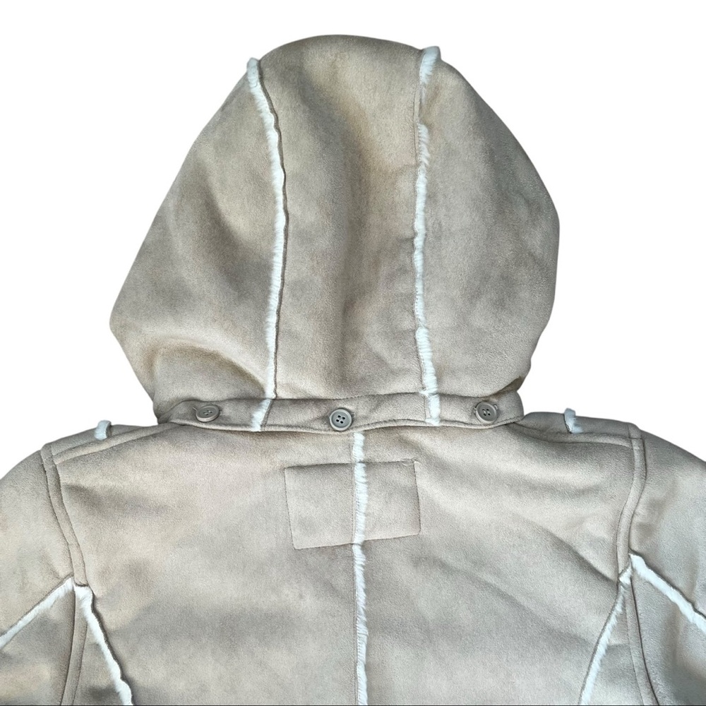 VINTAGE 90s Cream Faux Suede & Fur Hooded Coat Size Large - Picture 13 of 15